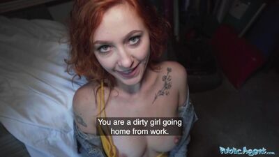 Sexy redhead waitress sucks cock and gets fucked doggystyle outside in public